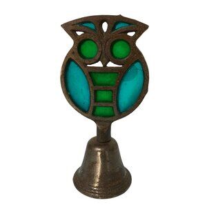 Vintage Owl Bell With Green & Blue Stained Glass Accents